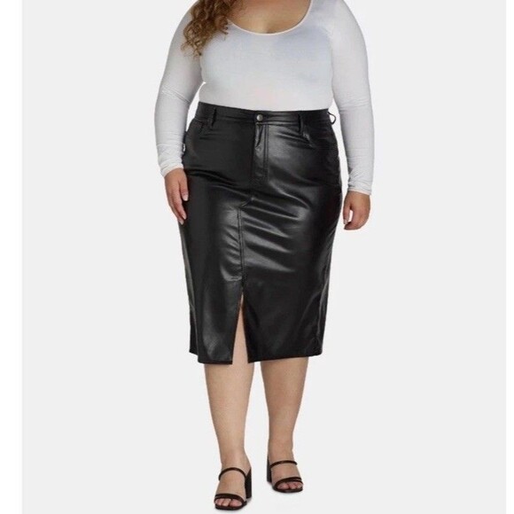 Terra & Sky Faux Leather Pencil Skirt Midi Black High Rise Slim Fit Size 20W - Picture 1 of 9
